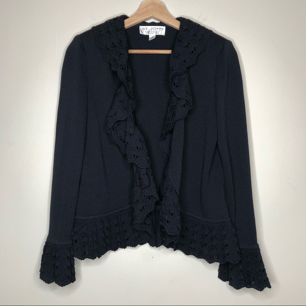St. John Collection Open Front Ruffle Trim Cardigan Sweater Black Santana Knit 4